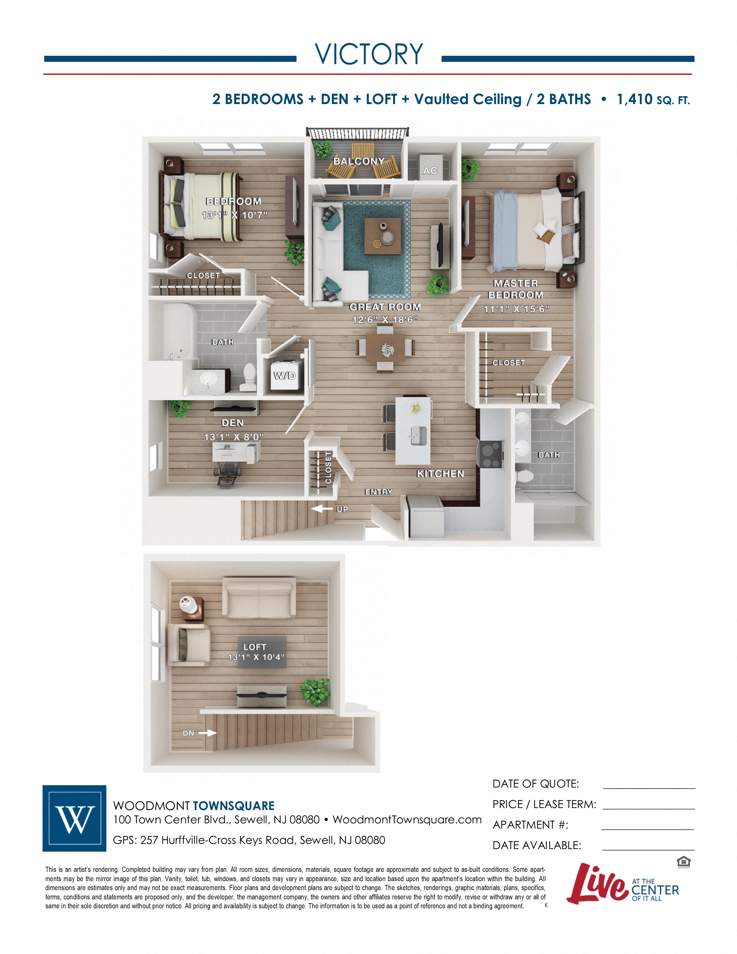 Floor plan for 2 beds, 2 baths, 1410 sqft